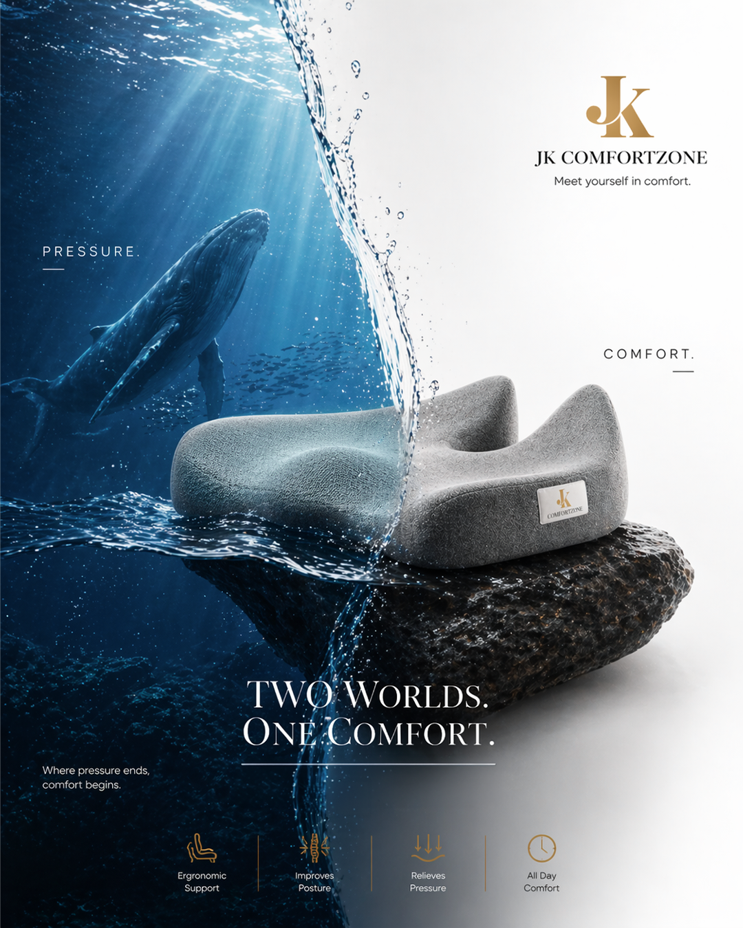 JK Comfortzone premium pillow campaign poster design with ergonomic support, pressure relief, and comfort benefits by NMS Techsavants